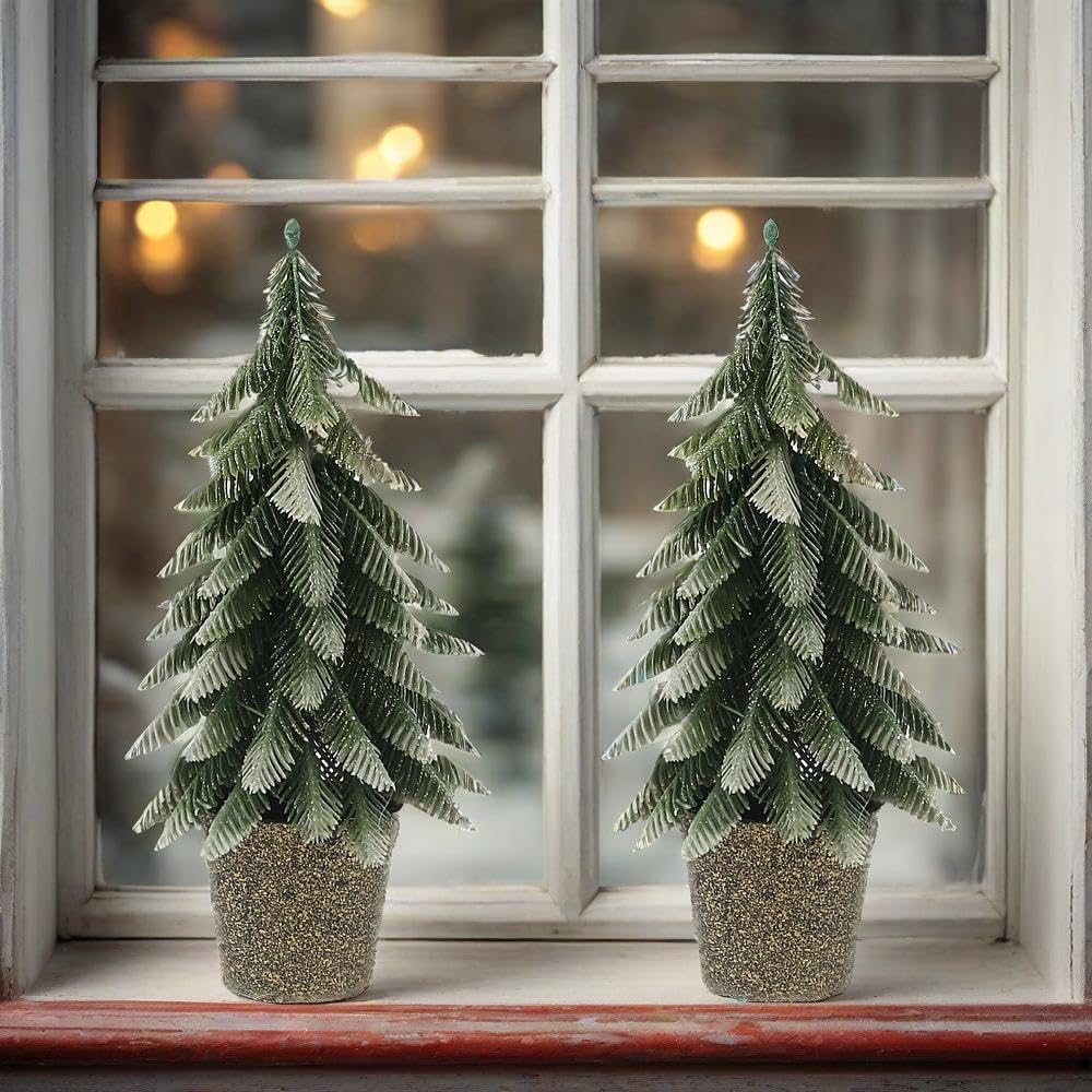 Mini Artificial Pine Trees in Decorative Pots, 2 Pack M Size Small Christmas Tree, Green Holiday Tabletop Christmas Trees Christmas Decorations for Bedroom Xmas Gifts (M)