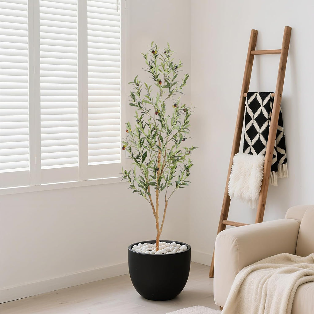 Bellacat Faux Olive Tree 5ft，Olive Trees Artificial Indoor with Natural Wood Trunk and Realistic Leaves and Fruits. 5 Feet(60in) Fake Olive Tree for Home House Office Décor.