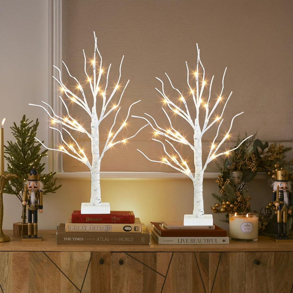 PEIDUO Christmas Decorations Indoor, 2 FT Birch Tree with LED Lights, Fairy Light Spirit Tree for Christmas Decor, Warm White Lighted Birch Trees for Home Decor Indoor, Battery Powered, Timer (2PK)