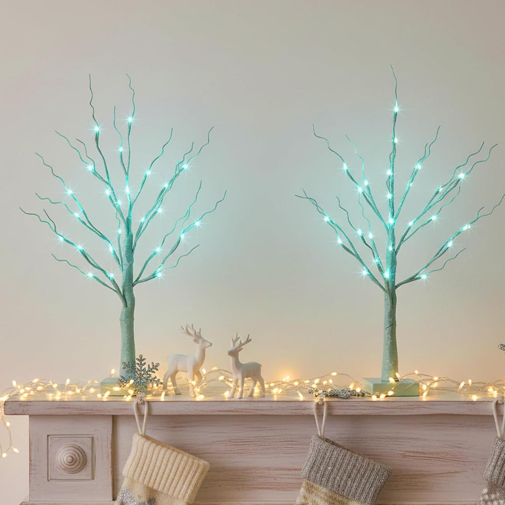 PEIDUO Blue-Green Trees Decor for Home, 2PK Tree Light Battery Powered Timer, Lighted Christmas Decorations Indoor, for Home Bedroom Living Room Fireplace Wedding Party New Year's Day and Christmas