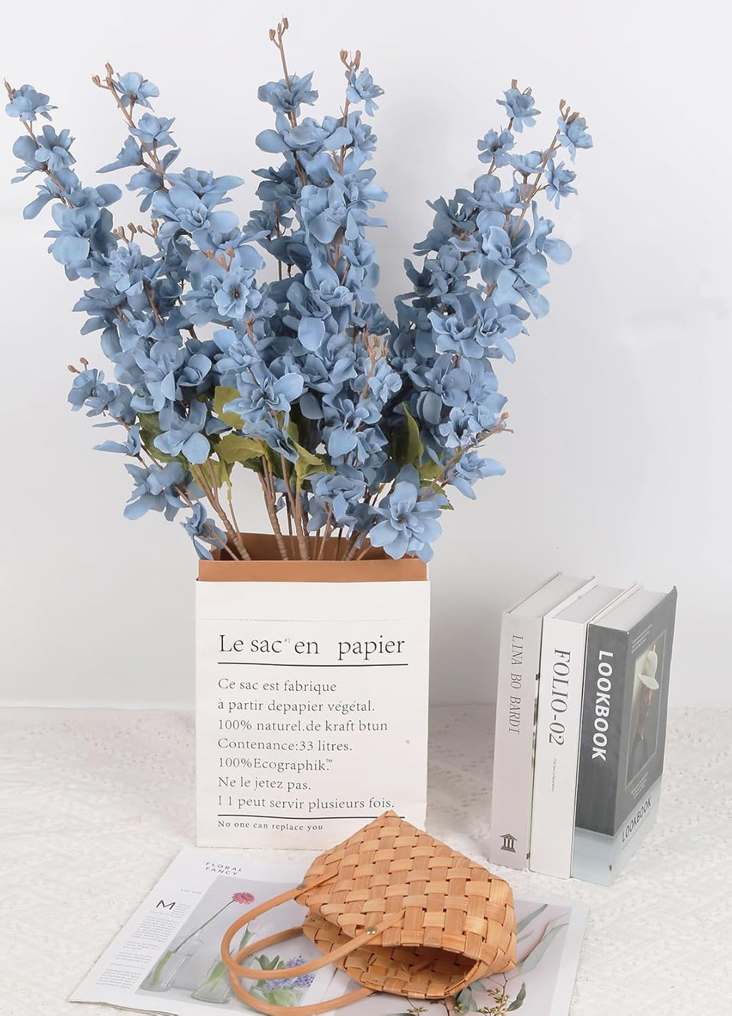 6PCS Delphinium Artificial Flower Lifelike Silk Larkspur Flowers Plant 35.43" Long Stem Blossoms Fake Flowers for Tall Vase Floral Arrangements Home Table Wedding Decor(Dusty Blue)