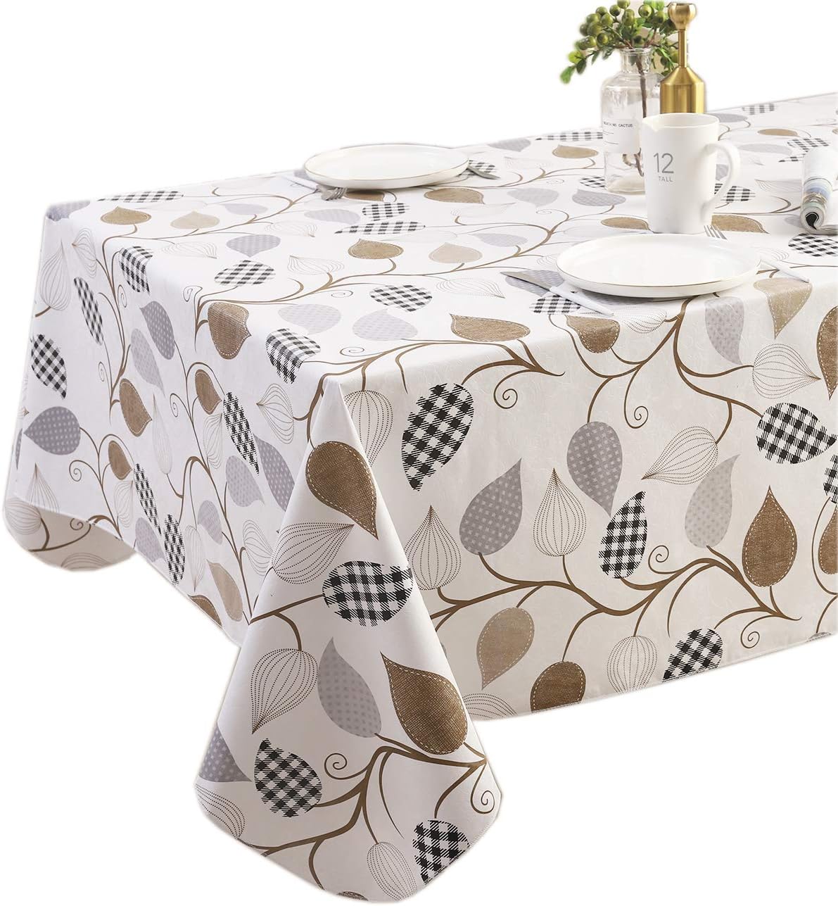 Walrus Heavy Duty Vinyl Tablecloth with Flannel Backing Waterproof Oil-Proof Plastic Table Cloth Stain-Resistant Wipeable Rectangle or Square Table Cover for Indoor and Outdoor (Leaves, 60X84 Inch)