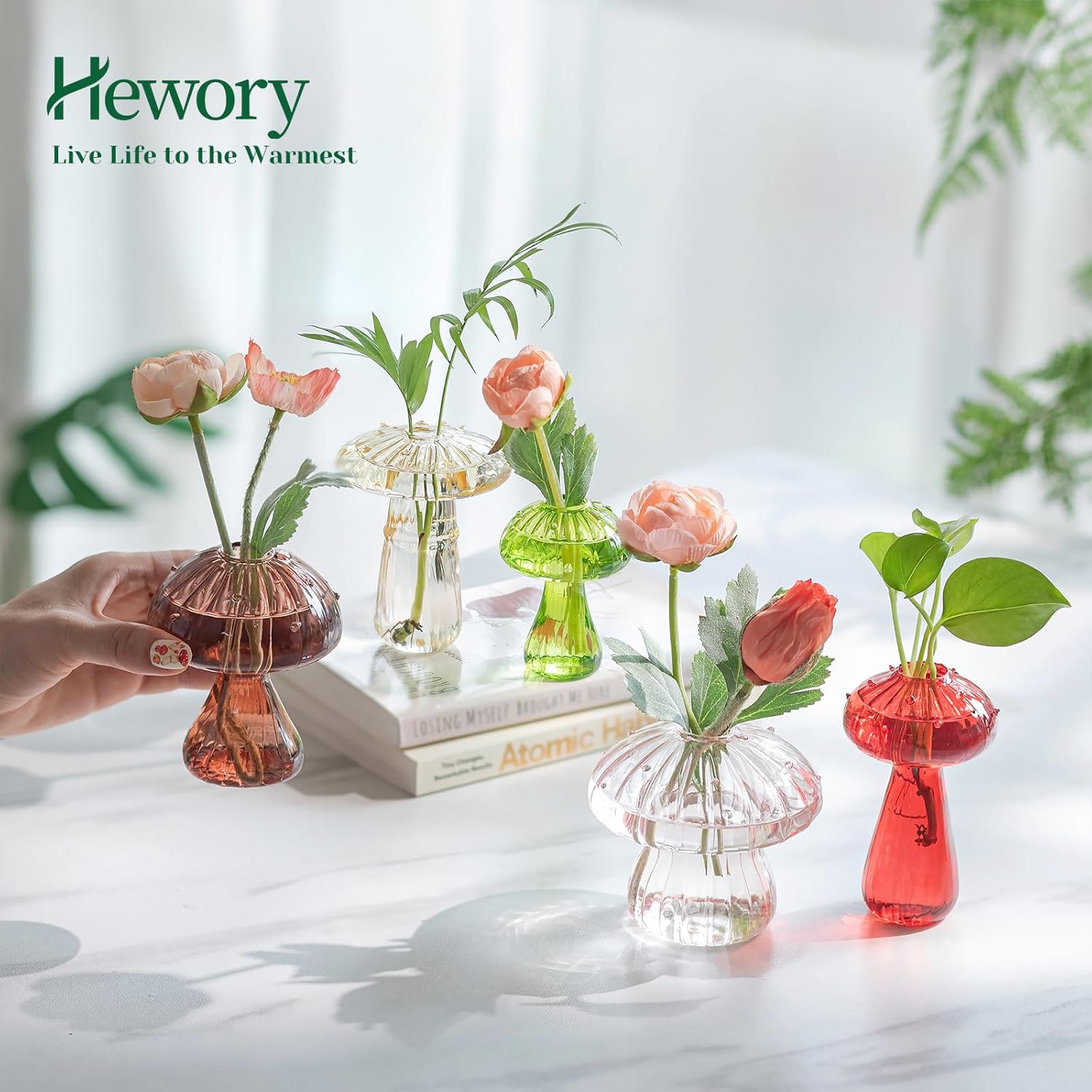 Mushroom Jars for Plants, Hewory 5pcs Colored Glass Mushroom Bud Vase for Flowers, Unique Plant Propagation Stations Propagating Vases Decor, Mini Cute Hydroponic Terrarium Planter for Indoor Planters