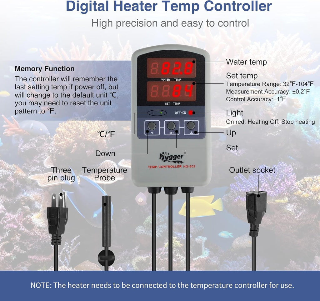 hygger Marine 500W Titanium Aquarium Heater for Salt Water and Fresh Water,Digital Submersible Heater with External IC Thermostat Controller and Thermometer,Fish Tank Heater for Fish Tank 60-120Gallon