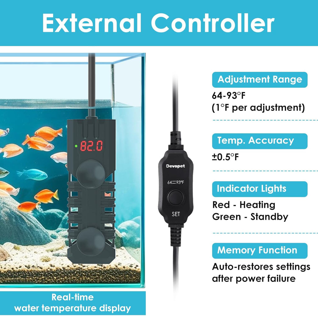 100W Aquarium Heater, Adjustable Fish Tank Heater, with Digital Display, Overheat Protection & Dry Run Protection, for 10-20 Gallon Water