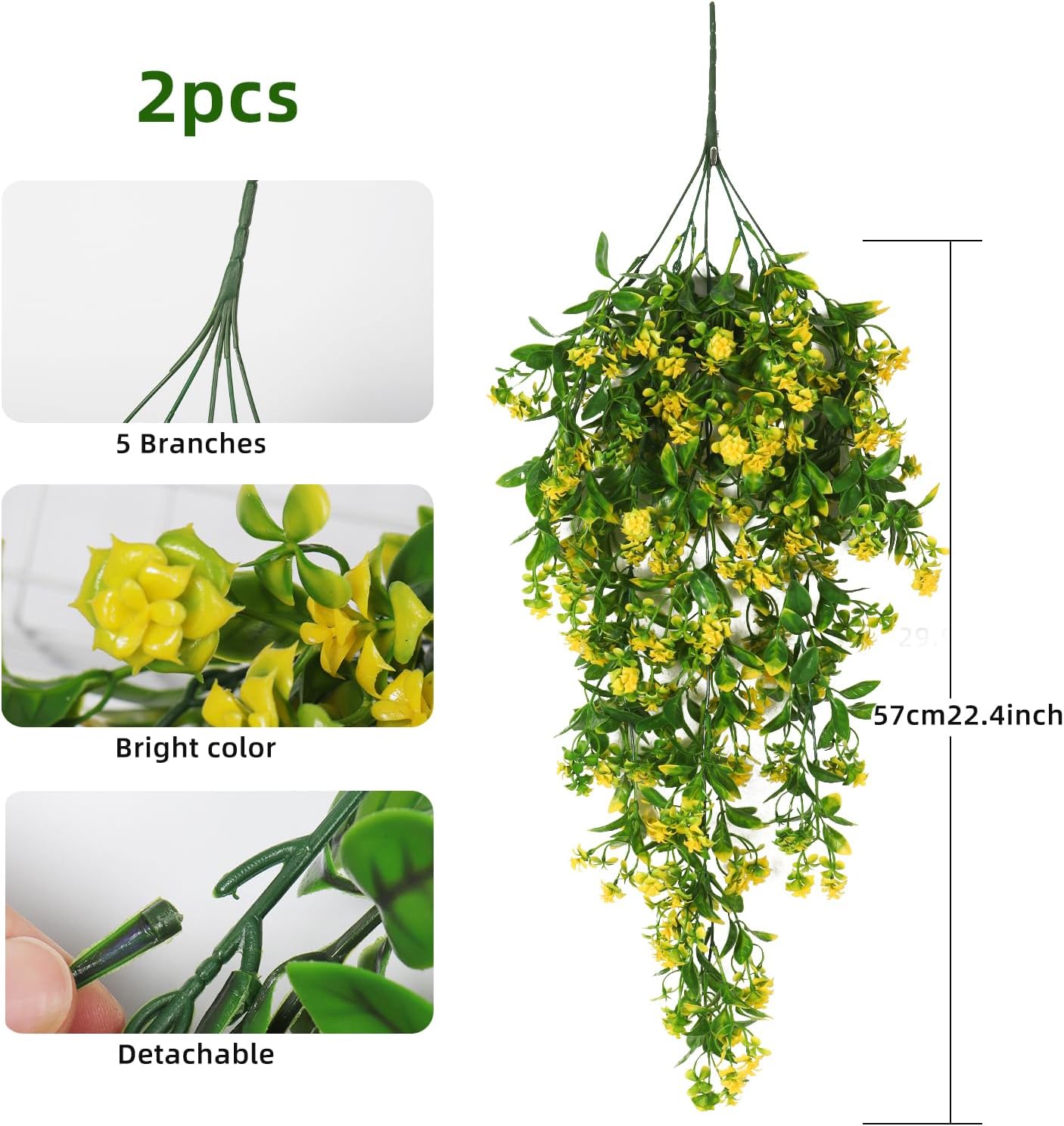 RECUTMS Hanging Plants Fake Vines Fake Hanging Plants Outdoor Greenery Faux Greenery 2Pcs Artificial Hanging Flower for Outdoors Hanging Basket Plastic Home Garden Wedding Party Decorations(Yellow)