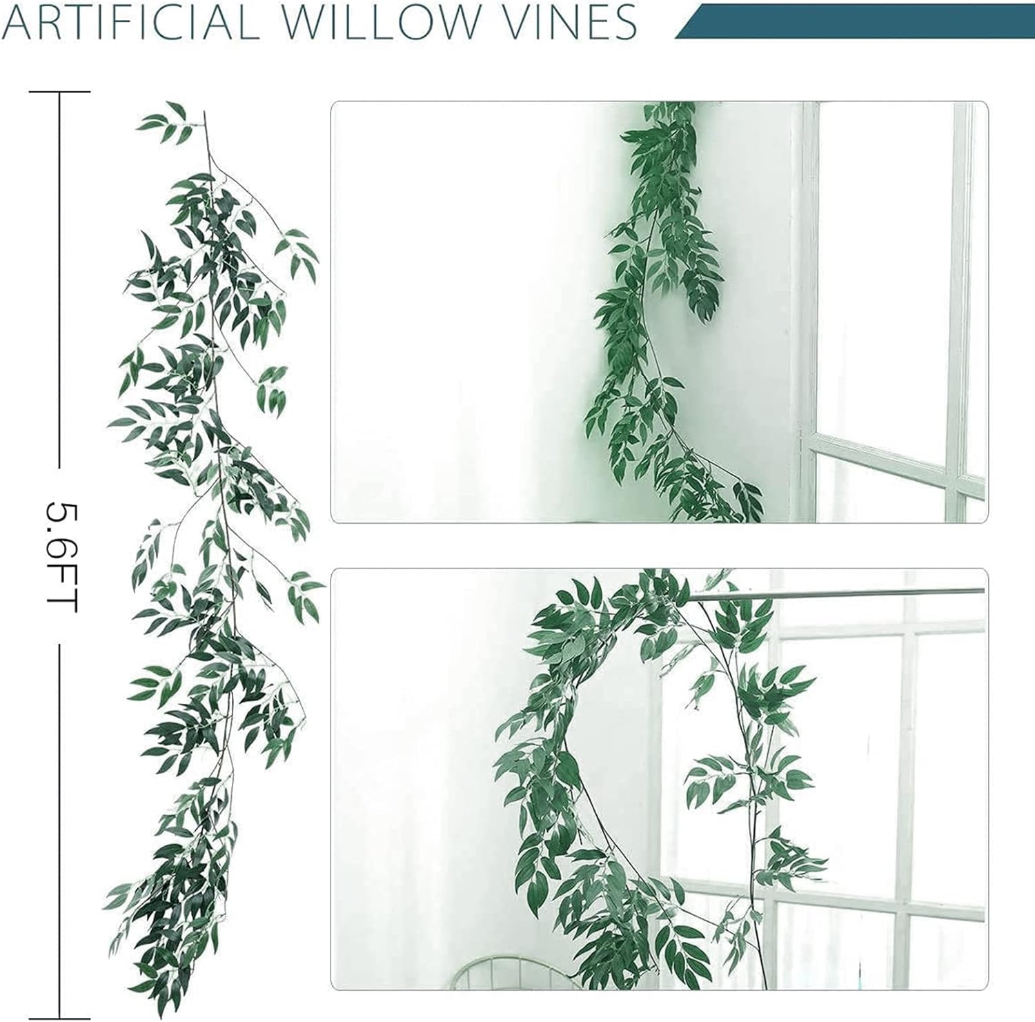 ANPHSIN Fake Vines Greenery Garland - 5 Packs Total 28ft Green Willow Leaf Vine Garland, Artificial Leaves Wall Hanging Decor for Home, Room, Wedding Arch, Centerpieces