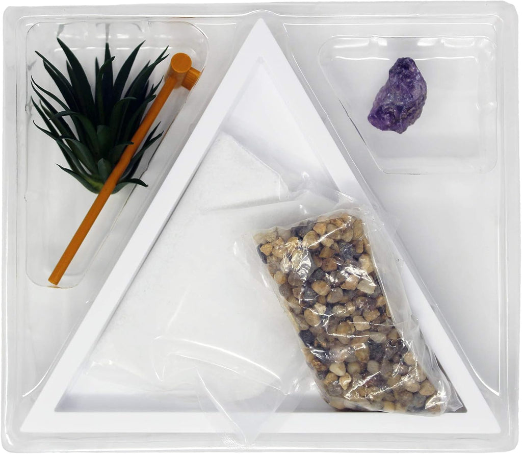 Nature's Mark Mini Zen Garden Kit with White Sand, Rake, White Base, Salt Rock and Air Plant (Triangle)