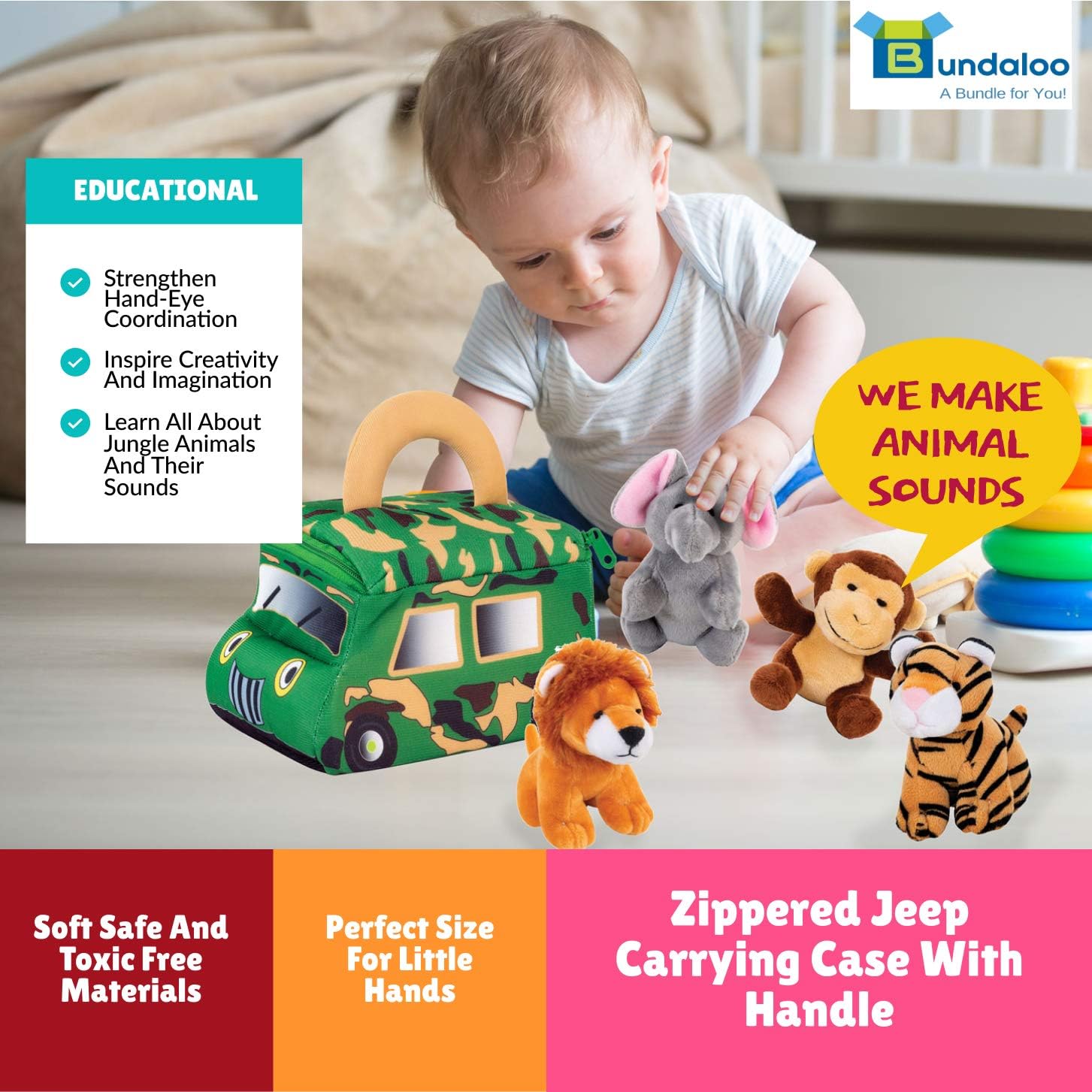 Bundaloo Plush Jungle Animals Set with Realistic Sound - Soft Stuffed Animal Toys with Safari Truck Carrier - Mini Tiger, Lion, Monkey, and Elephant