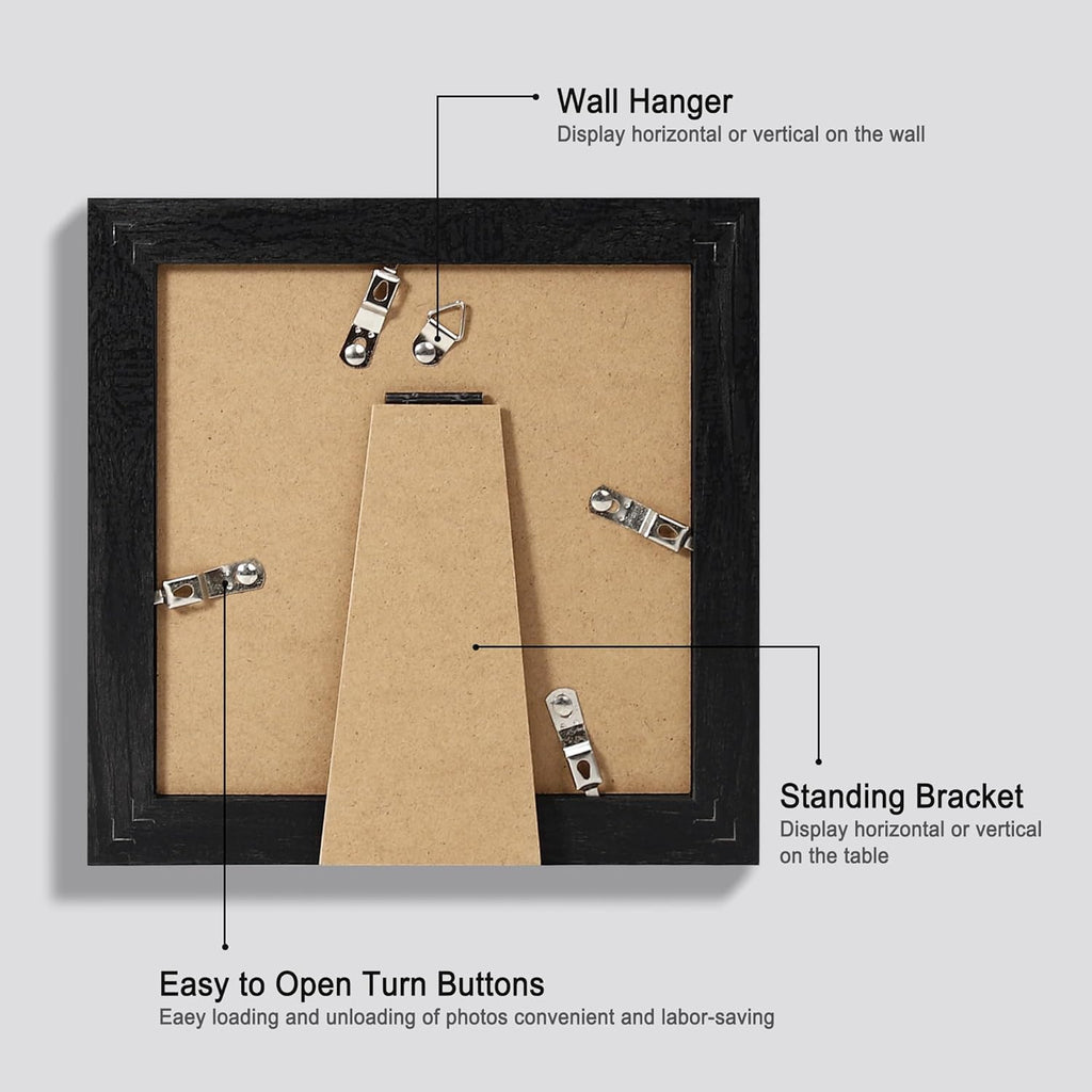 6x6 Picture Frame Set of 4, Made of Glass and Rustic Black Wooden Frame - Display Picture 4x4 with Mat or 6 x 6 Without Mat, 6x6 Photo for Wall or Tabletop