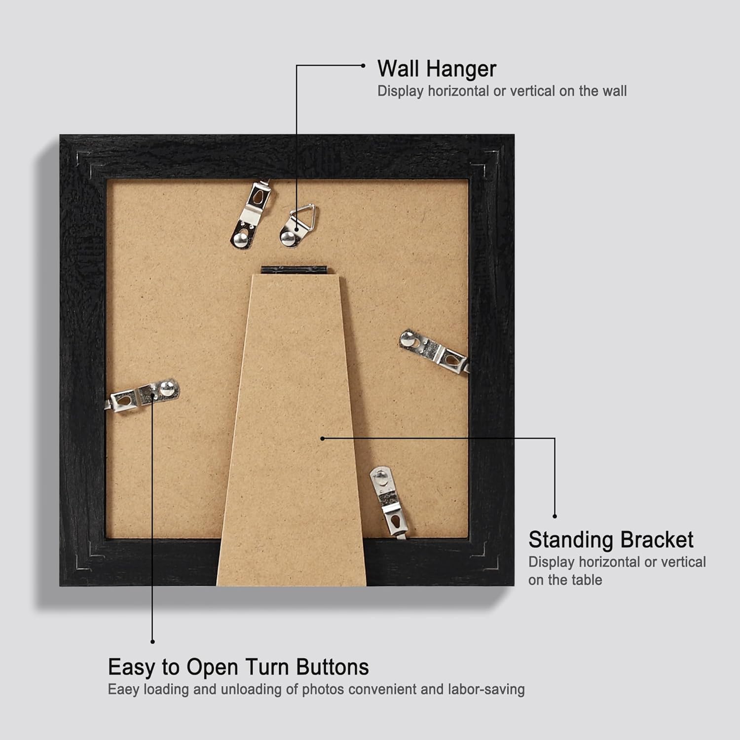 6x6 Picture Frame Set of 4, Made of Glass and Rustic Black Wooden Frame - Display Picture 4x4 with Mat or 6 x 6 Without Mat, 6x6 Photo for Wall or Tabletop