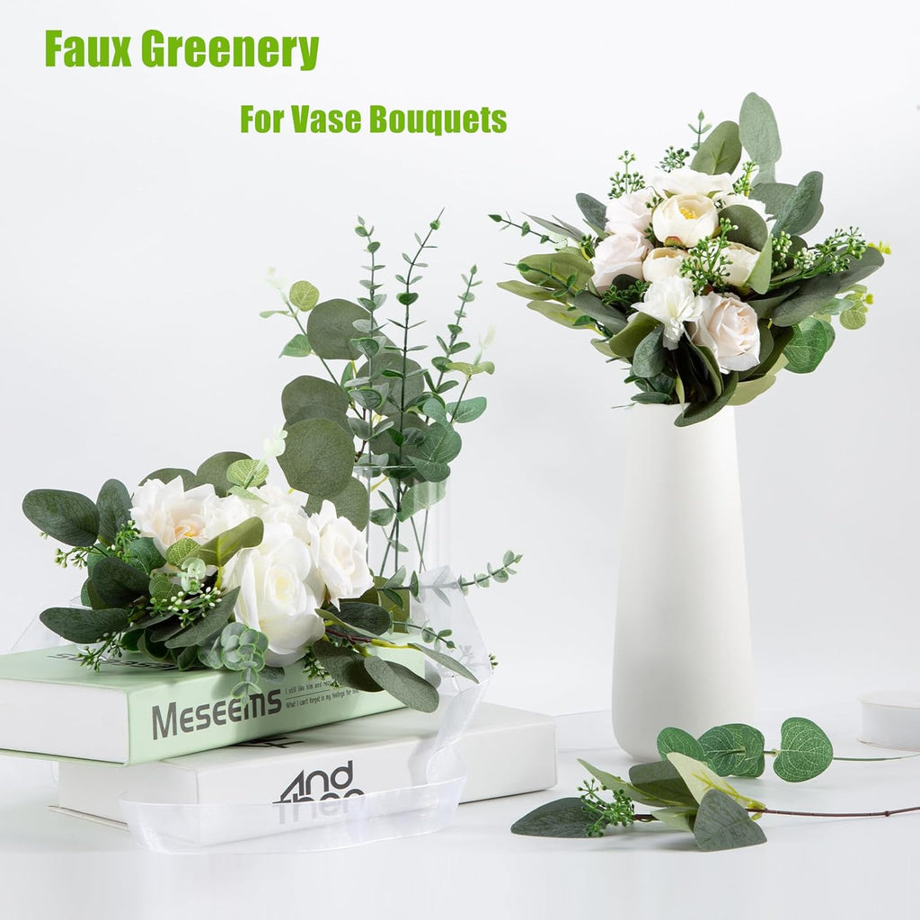 Cliselda 40 Pcs Artificial Eucalyptus Leaves Stems, 5 Kinds Mixed Fake Greenery Stems Bulk, Silver Dollar Eucalyptus Stems Bundle Faux Greenery Branches for Wedding Floral Arrangement Centerpiece