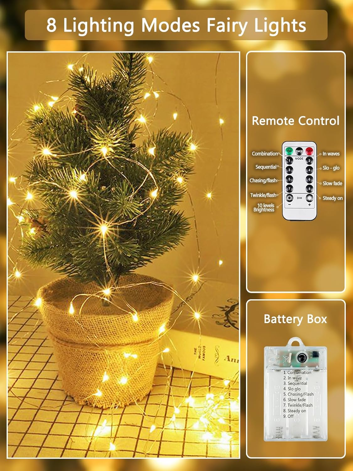 4 Pack Fairy Lights Battery Operated with Remote Control Timer, LED String Lights Outdoor Indoor Decorations, 8 Modes Twinkle Lights for Christmas Party Wedding Birthday Bedroom Décor (Warm White)