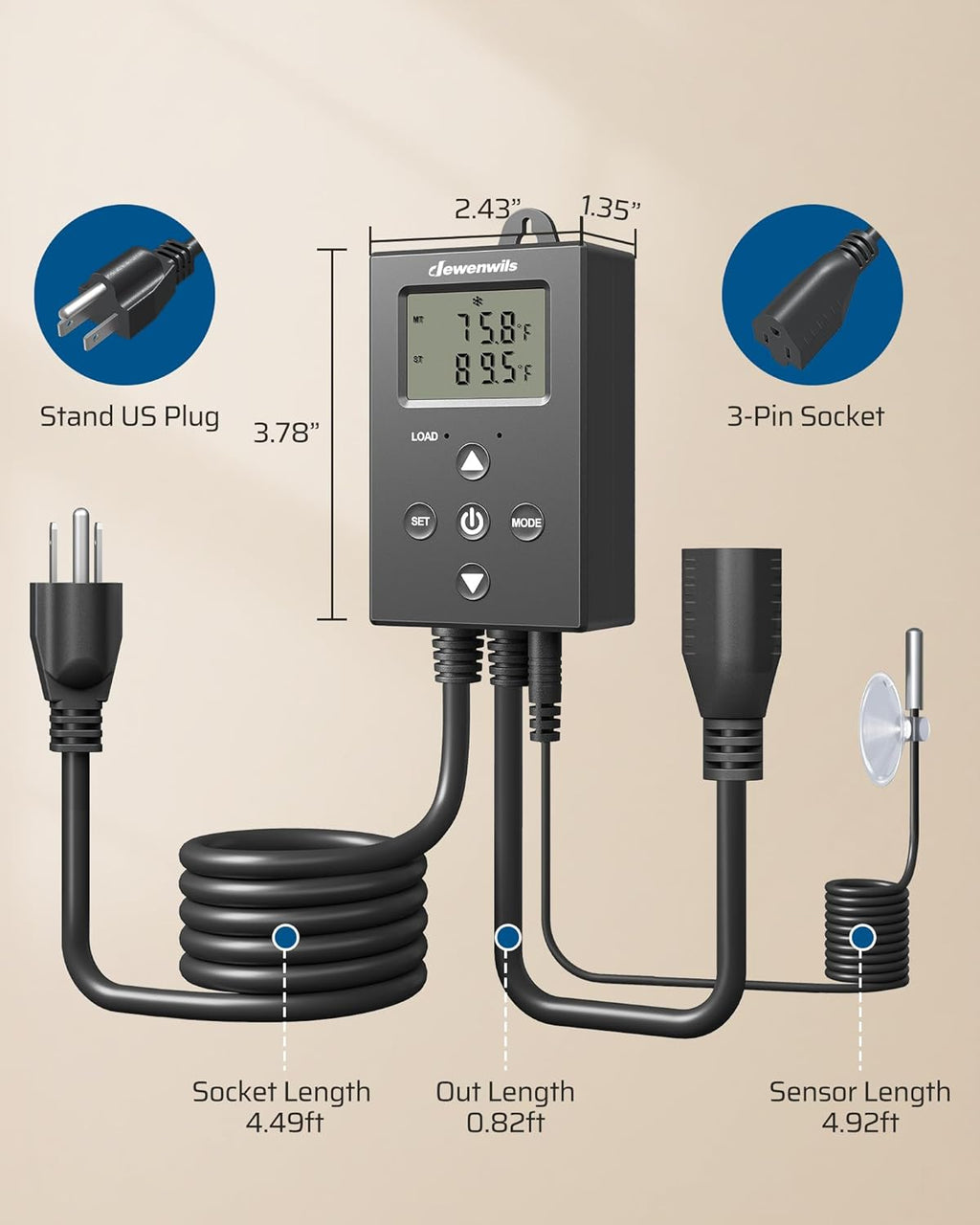 DEWENWILS Digital Temperature Controller Thermostat Outlet with Heating & Cooling Mode for Chest Freezer, Home Brewing, Green House, Incubation, Reptiles, -22°-221°F, 120V/10A/1200W