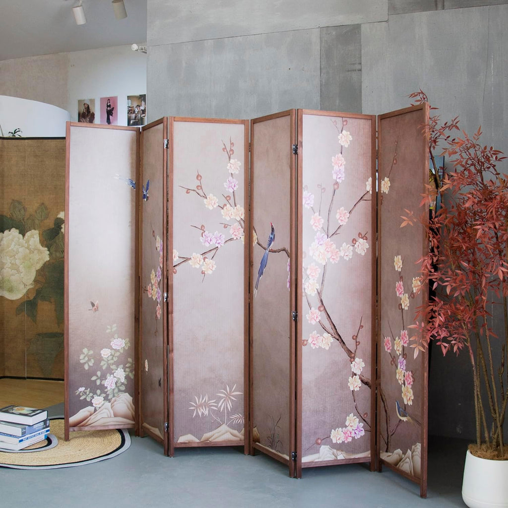 6 Panel Room Divider Screen,Double Faced Blackout Panel Divider Folding Panel Screen Divider for Room Separation,Plums and Birds,67" H x 94.5" W