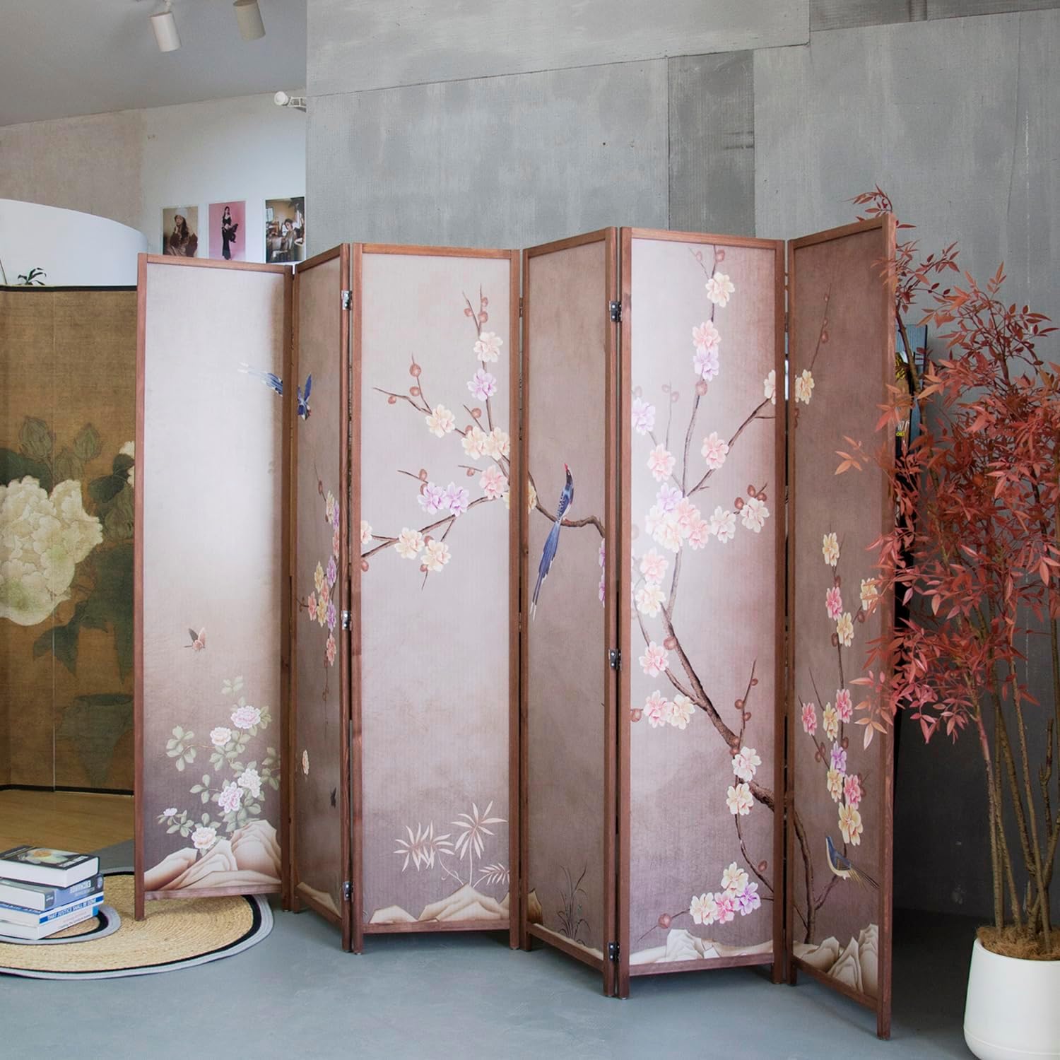 6 Panel Room Divider Screen,Double Faced Blackout Panel Divider Folding Panel Screen Divider for Room Separation,Plums and Birds,67" H x 94.5" W