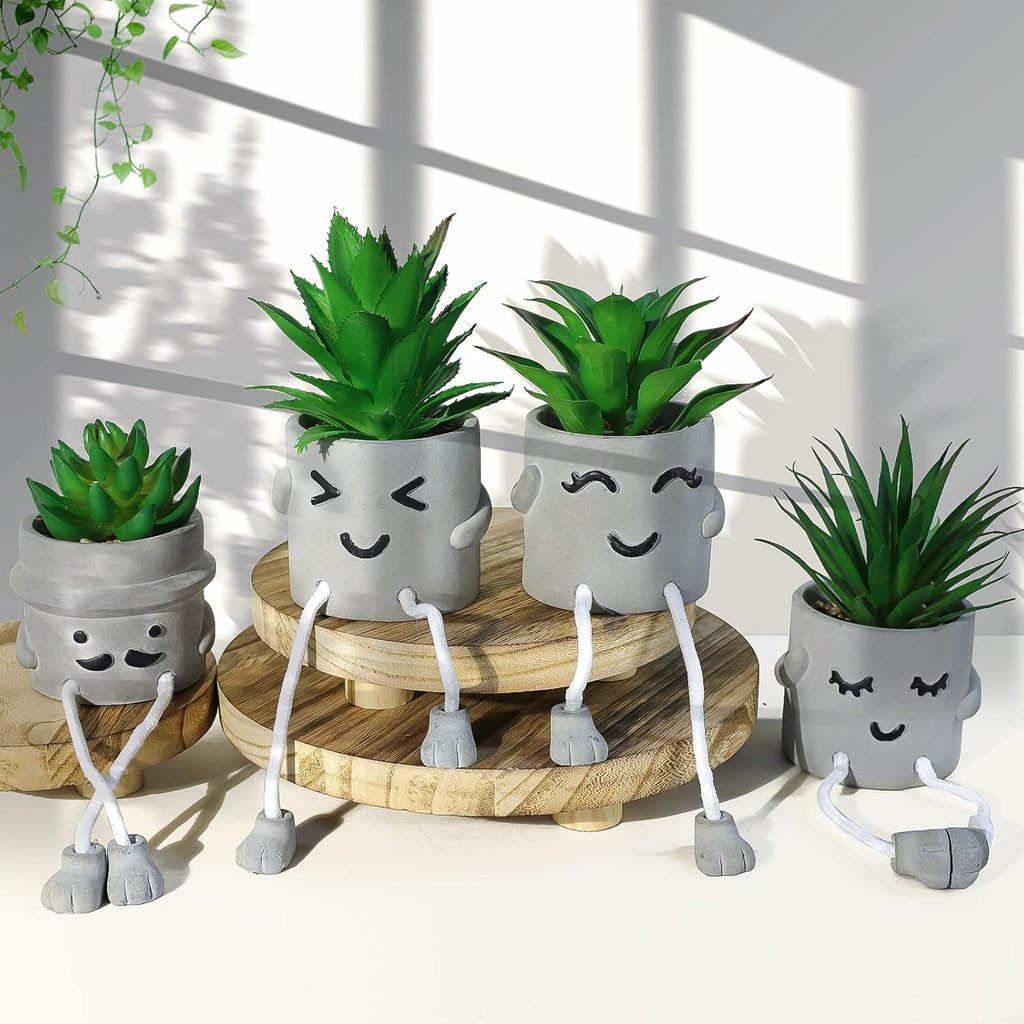 INFTYLE Creative Artificial Succulent Plants with Pots - 4 Pieces Mini Fake Plant Faux Succulent Emotional Cement Potted for Home Desk Shelf Kitchen Bathroom and Offices Decor Gift Set(4 PCS)