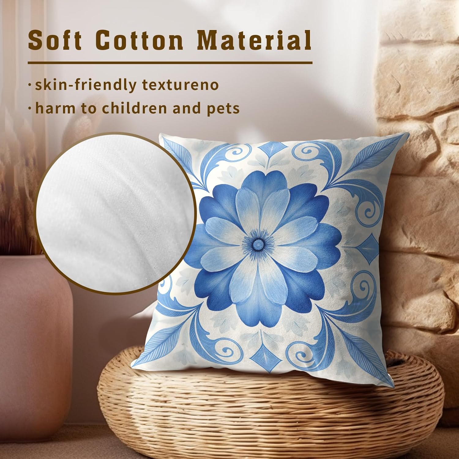 Blue White Moroccan Tile Throw Pillow Covers Set of 2 Ultra-Soft All-Season Pillow Shams with Hidden Zipper,Durable for Sofa Bed Car Decor & Gift Luxury 18x18IN