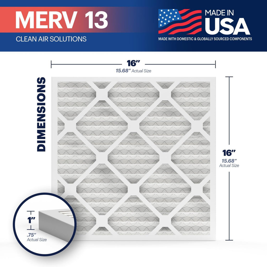 BNX TruFilter 16x16x1 Air Filter MERV 13 (6-Pack) - MADE IN USA - Electrostatic Pleated Air Conditioner HVAC AC Furnace Filters for Allergies, Pollen, Mold, Bacteria, Smoke, Allergen, MPR 1900 FPR 10