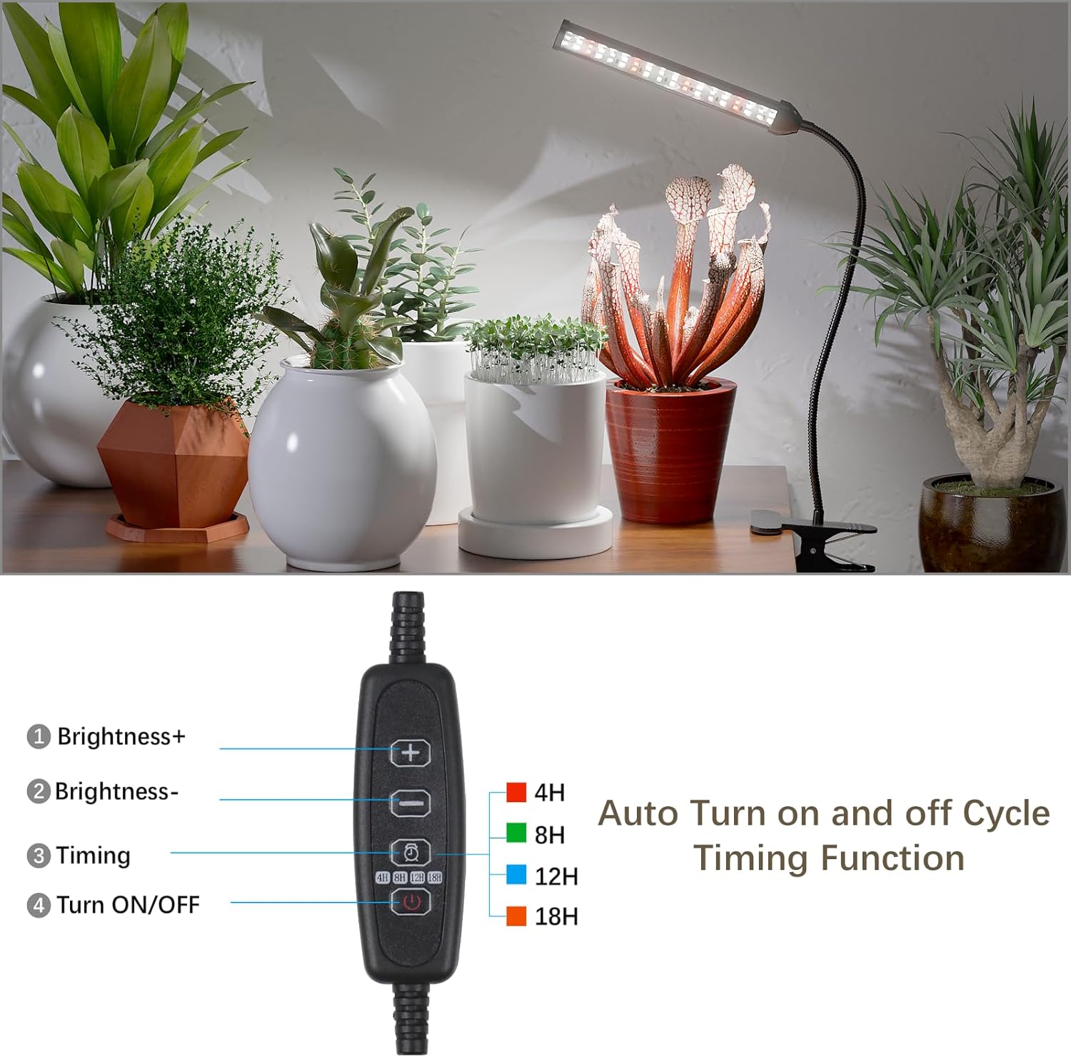 GooingTop Grow Light for Indoor Plants Growing,5000K White Full Spectrum Gooseneck Plant Lamp Clip-on Desk for Pot Plant Seed Starting,Dimmable with Auto Timer