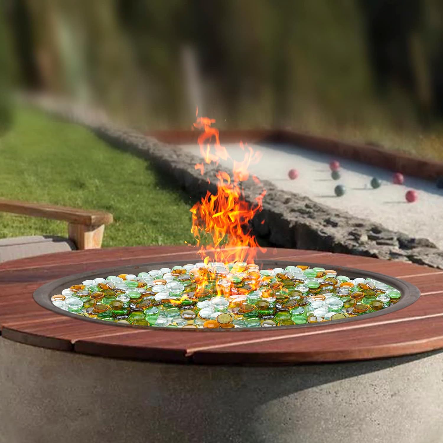 Skyflame 10-Pound Blended Fire Glass Beads for Fire Pit Fireplace Landscaping, 1/2-Inch High Luster Emerald Green, Crystal Ice, Caramel