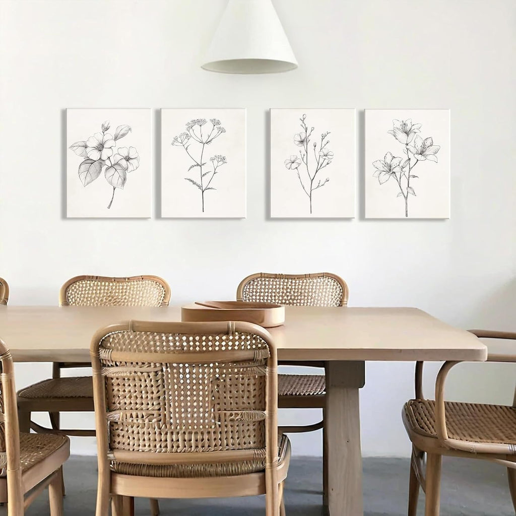 4pcs Framed Black and White Vintage Floral Sketch Wall Art Decor Canvas Print Wall Painting Picture Poster Minimalist Gallery Bedroom Living Room Office Decor Decoration 12x16 Inch Ready to Hang