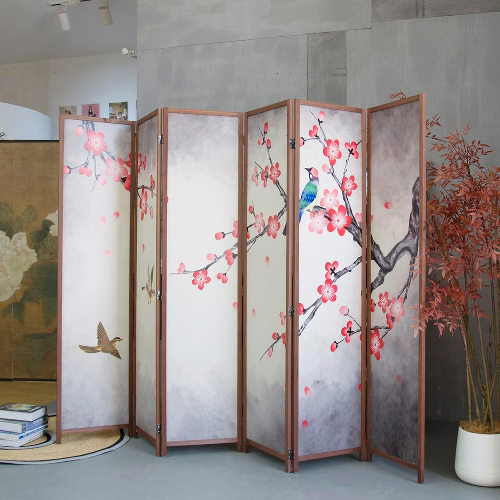 6 Panel Room Divider Screen,Double Faced Blackout Panel Divider Folding Panel Screen Divider for Room Separation,Magnolia and Plums,67" H x 94.5" W