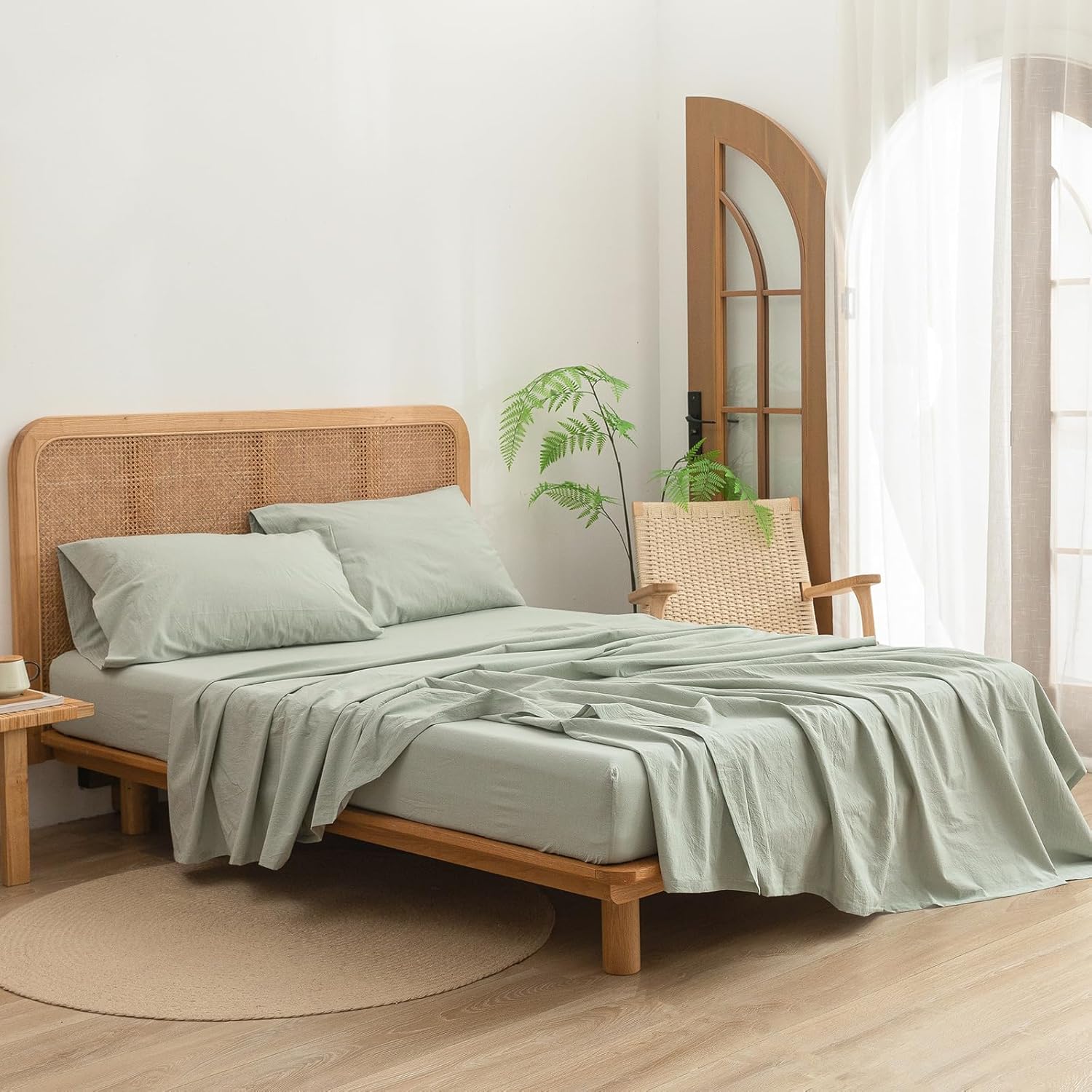 BESTOUCH Sheet Set 100% Washed Cotton Linen Feel Super Soft Comfortable Chic Lightweight 3 Pcs Home Bedding Set Solid Sage Green Twin