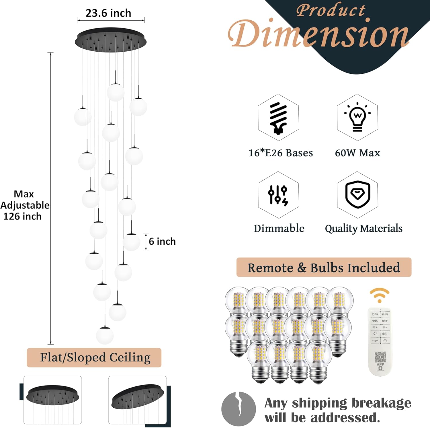 KoKo&Yukina 16-Light Black Mid Century Modern Chandelier for Living Room Staircase Chandelier for Entryway Globe Milky White Glass Pendant Light High Ceiling Chandeliers Foyer (Bulb & Remote Incl.)