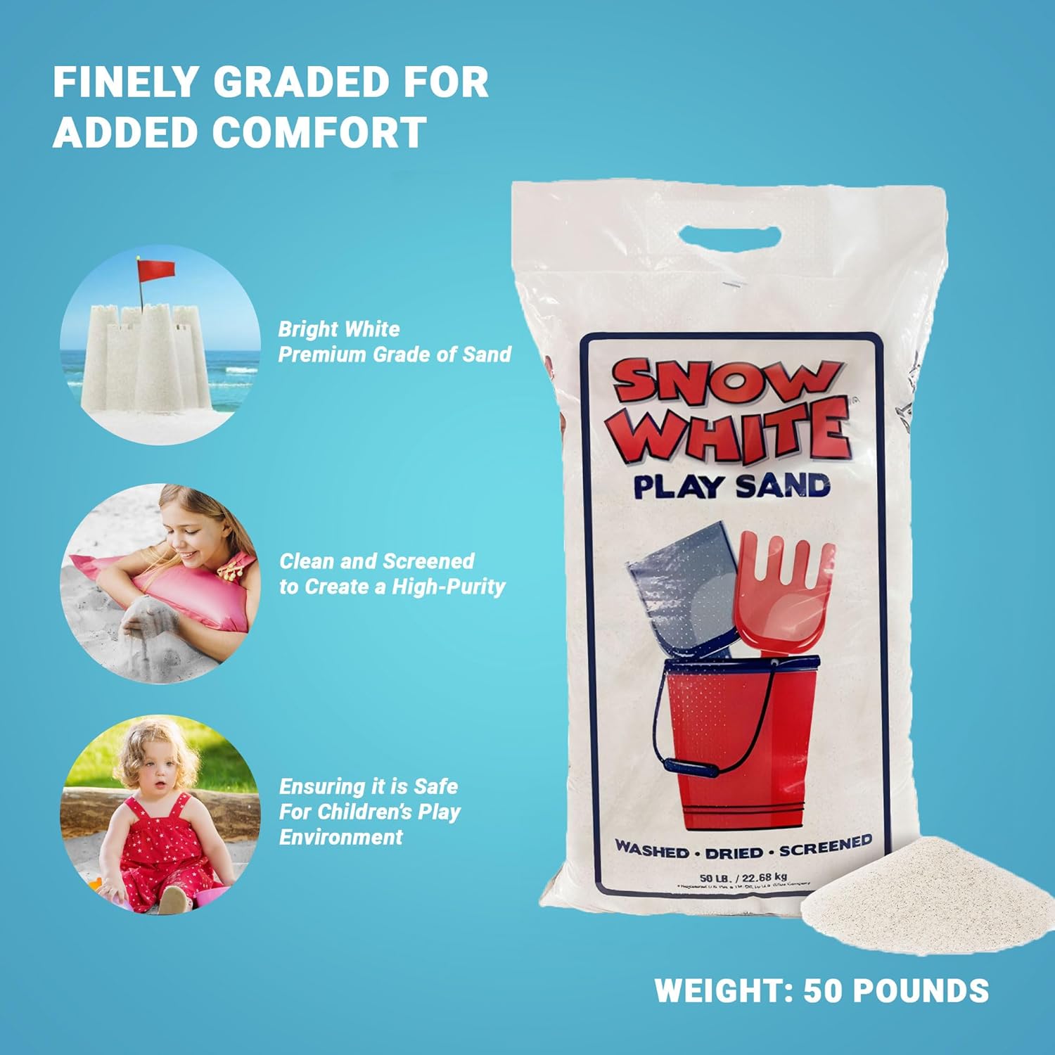 Large 50 Pound Play Sand, Finely Graded, Fully Washed and Easy to Use for Children's Art, Trays, and Sandbox, 1 Pack
