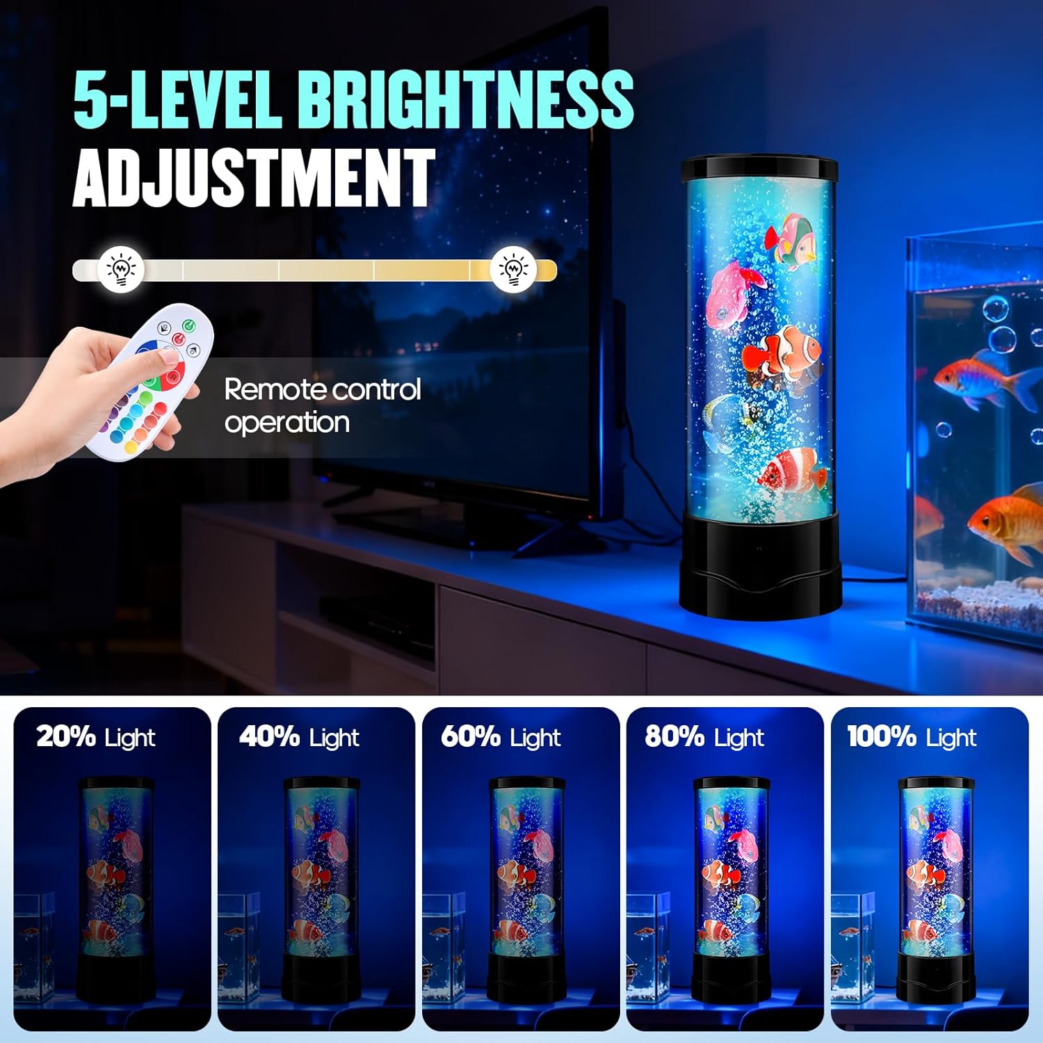 Bubble Aquarium Fish Table Lamp, 16 Color Changing Sensory Night Light with Remote Control, Novelty Christmas Birthday Gifts for Kids Men Women Bedroom Home Decor, Relaxation and Stress Relief