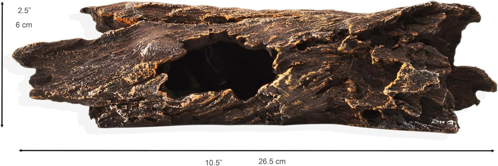 Reptile Hide 10.5 Inch Natural Looking Driftwood Aquarium Decor | Hideout for Amphibians, Bearded Dragons, Geckos, Lizards & Fish | Hollow Log with Life-Like 7" Monstera Plant | Terrarium & Tank Decor