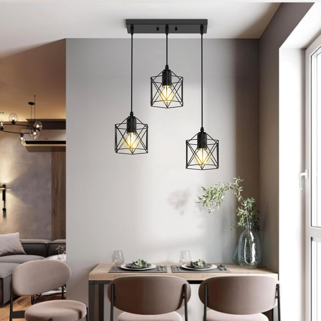 3-Light Pendant Lighting, Farmhouse Hanging Light Fixture for Kitchen Island & Dining Room, Industrial Vintage Ceiling Lamp with E26 Base, Adjustable Height, Matte Black