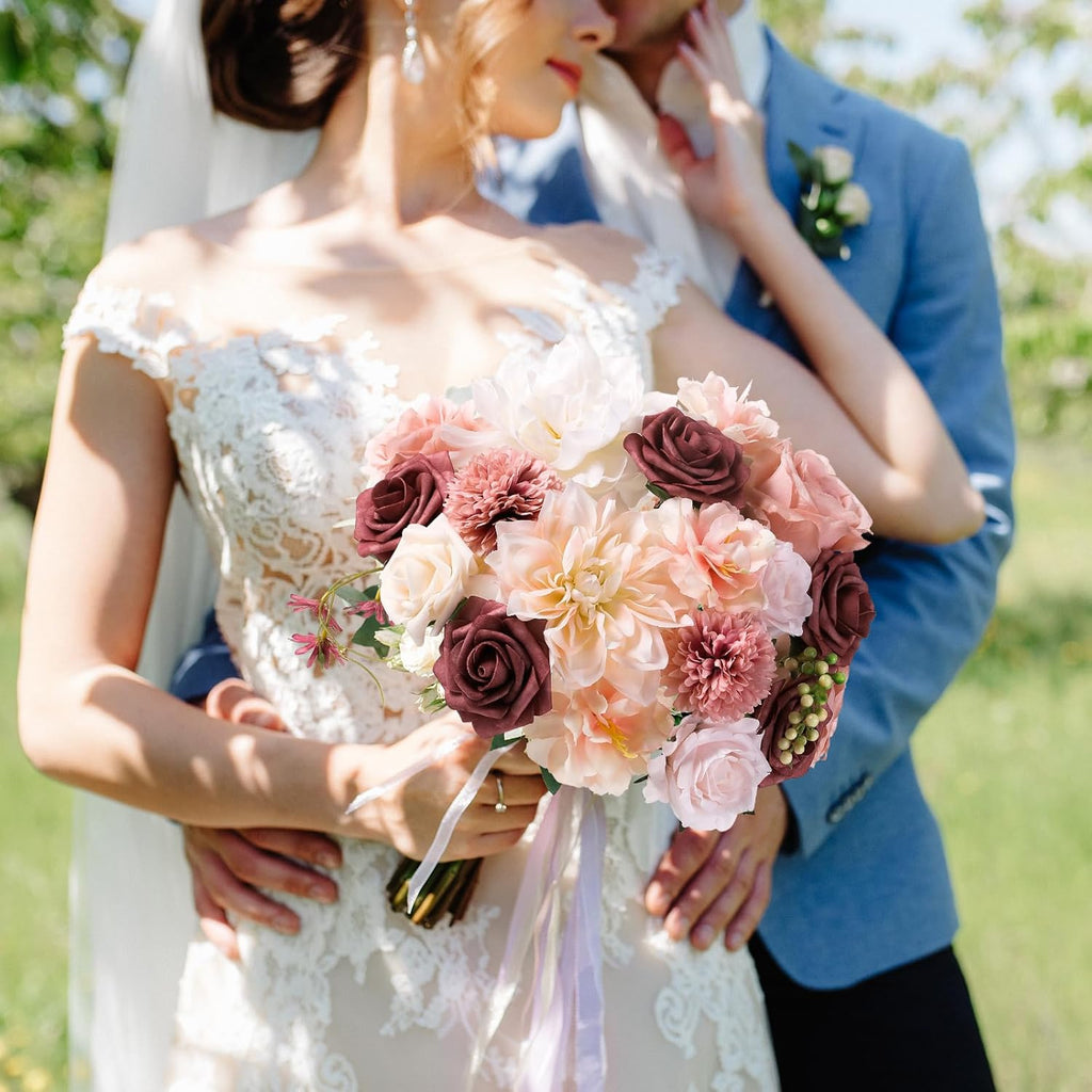 Artificial Flowers Combo, Mix Silk Flowers Roses, Peonies, Dahlias with Stems for DIY Wedding Bridal Bouquets, Baby Shower, Table Centerpieces, Home Decor, Fake Floral Arrangements-Blush Pink