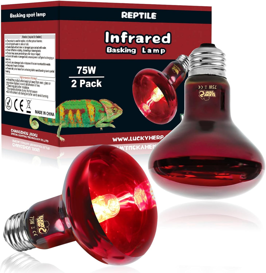 LUCKY HERP Infrared Heat Lamp 75W 2 Pack，Reptile & Amphibian Basking Spot Light Bulbs, Red Heat Lamp Bulbs for Reptiles, Bearded Dragon, Turtle, Lizard, Snake, Chicken