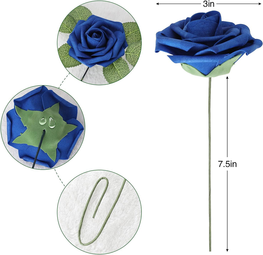 AmyHomie Artificial Flower Royal Blue Rose 25pcs Real Looking Fake Roses w/Stem for DIY Wedding Bouquets Centerpieces Arrangements Party Baby Shower Valentines Day Christmas Tree Decorations