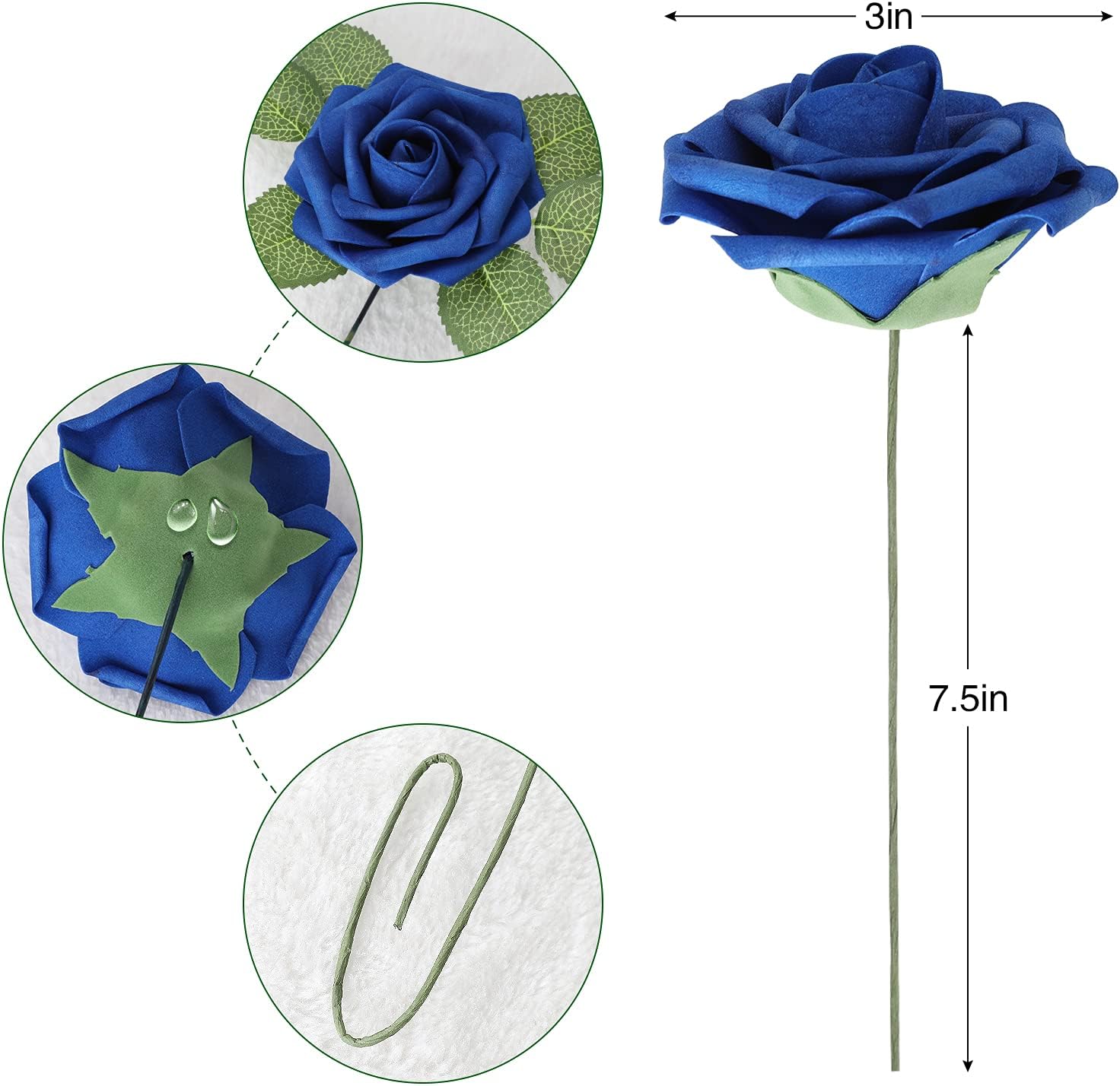 AmyHomie Artificial Flower Royal Blue Rose 25pcs Real Looking Fake Roses w/Stem for DIY Wedding Bouquets Centerpieces Arrangements Party Baby Shower Valentines Day Christmas Tree Decorations