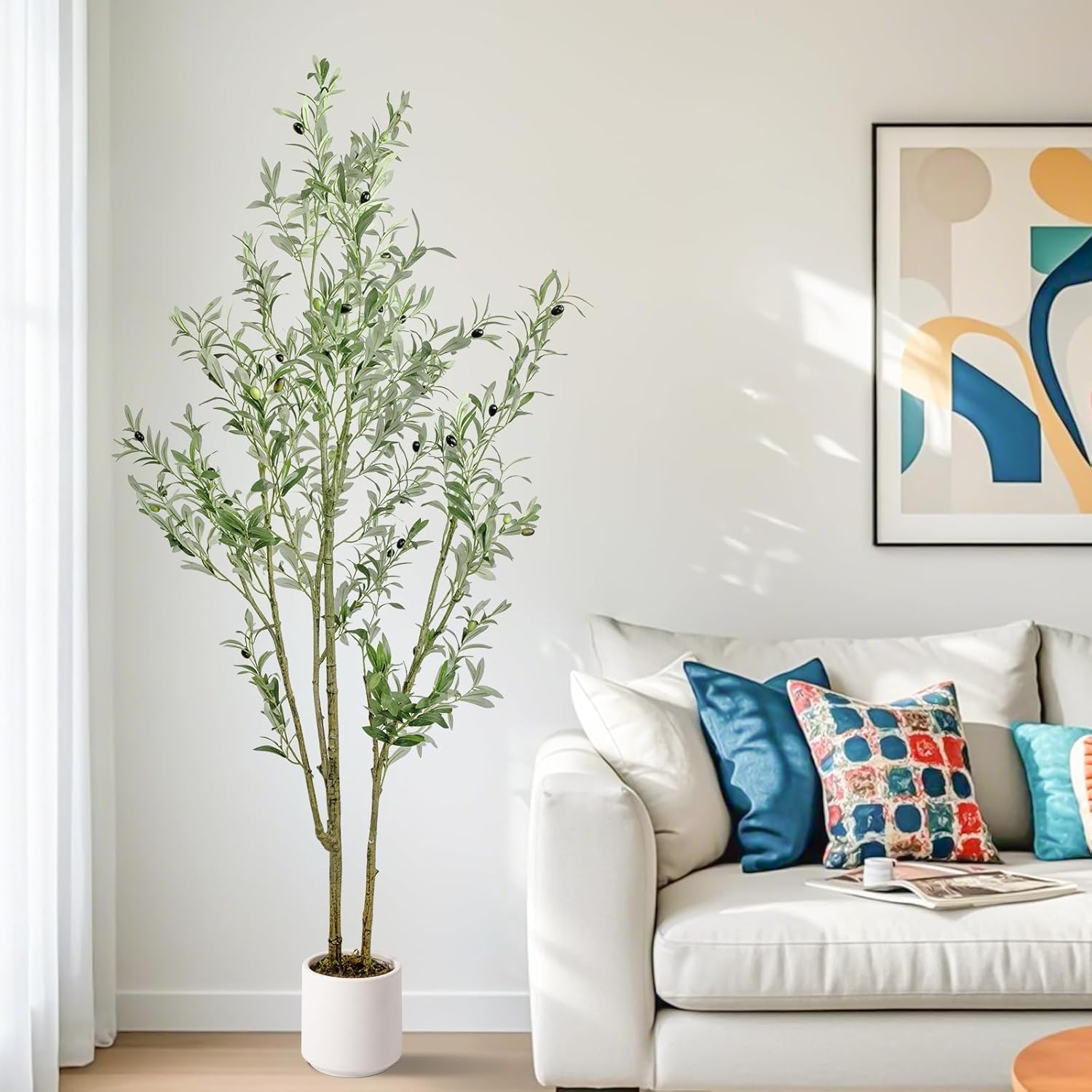 Artificial Fake Olive Tree 6FT Tall 1Pack with White Planter Faux Silk Olive Tree for Home Living Room Office Decor Faux Artificial Plants Indoor with Fruit & Free Moss