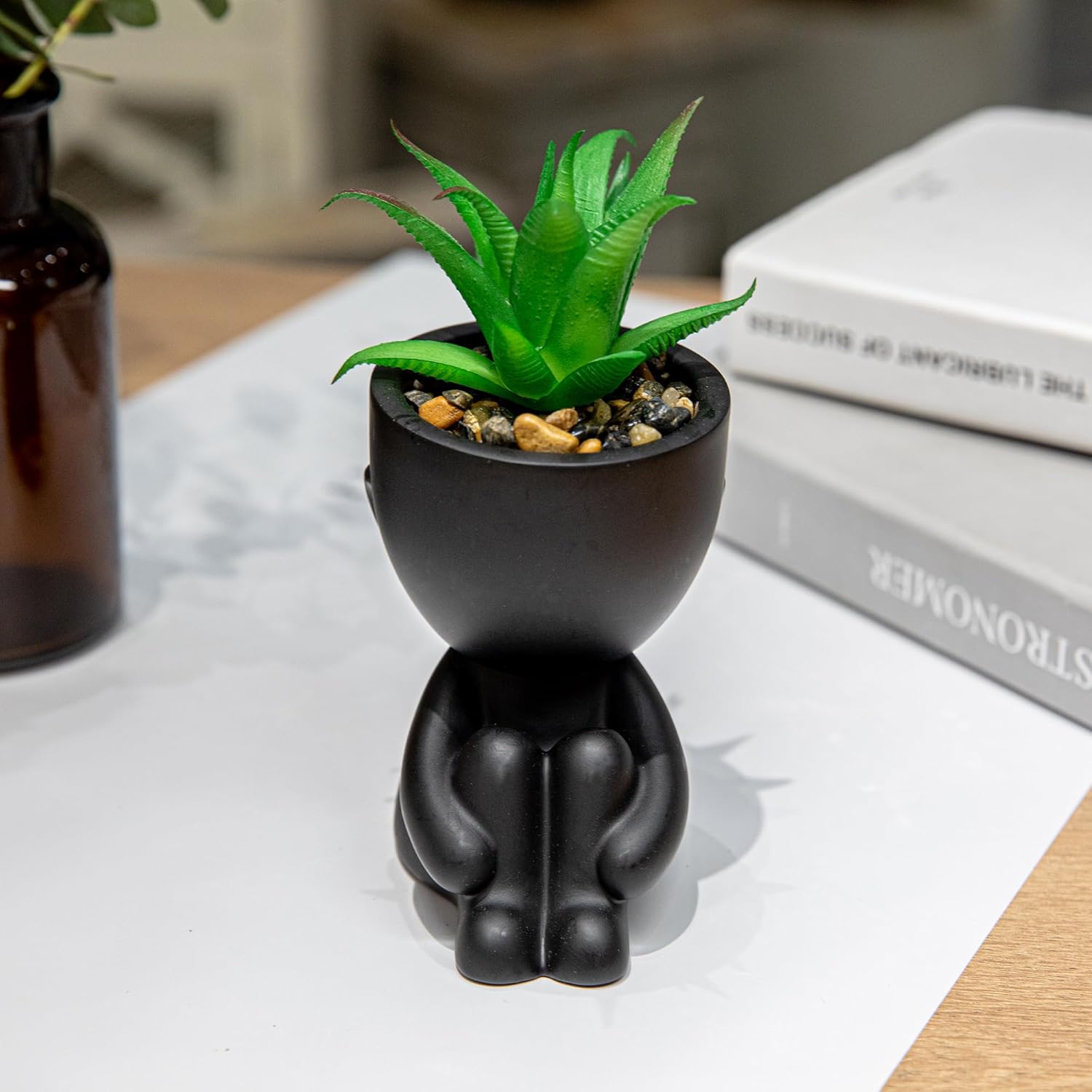 HEYO-YEPY 3PCS Cute Artificial Plant Office Decor for Women and Men, Aesthetic Desk Plant Decor for Office and Home, Potted Small Fake Plants for Indoor Decoration, Black Pots Green Plants