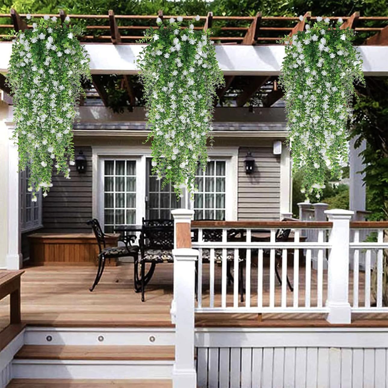 Artificial Hanging Flowers for Outdoor Indoor Decor, 6 Packs Fake Eucalyptus Vine Faux Flower Greenery Garland Plastic Plants Outside Wall Garden Wedding Home Party Decor (White)