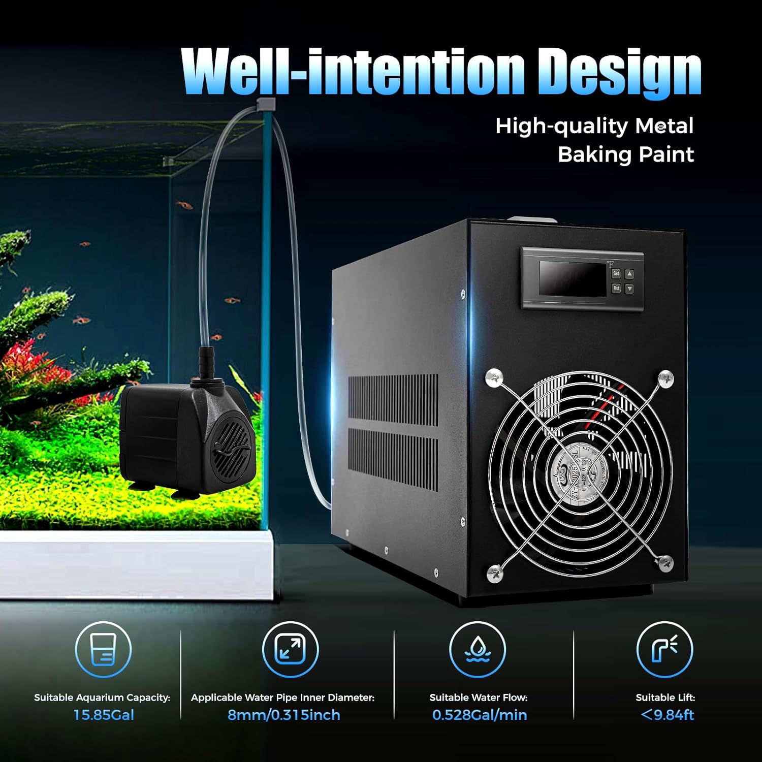 16 Gallon Aquarium Chiller 60L Hydroponics Water Cooler 200W Aquarium Water Chiller Constant Temperature Cooling System 10-40 °C/50-104℉ Fish Tank Cooler Water Inline Chiller Cooling Machine