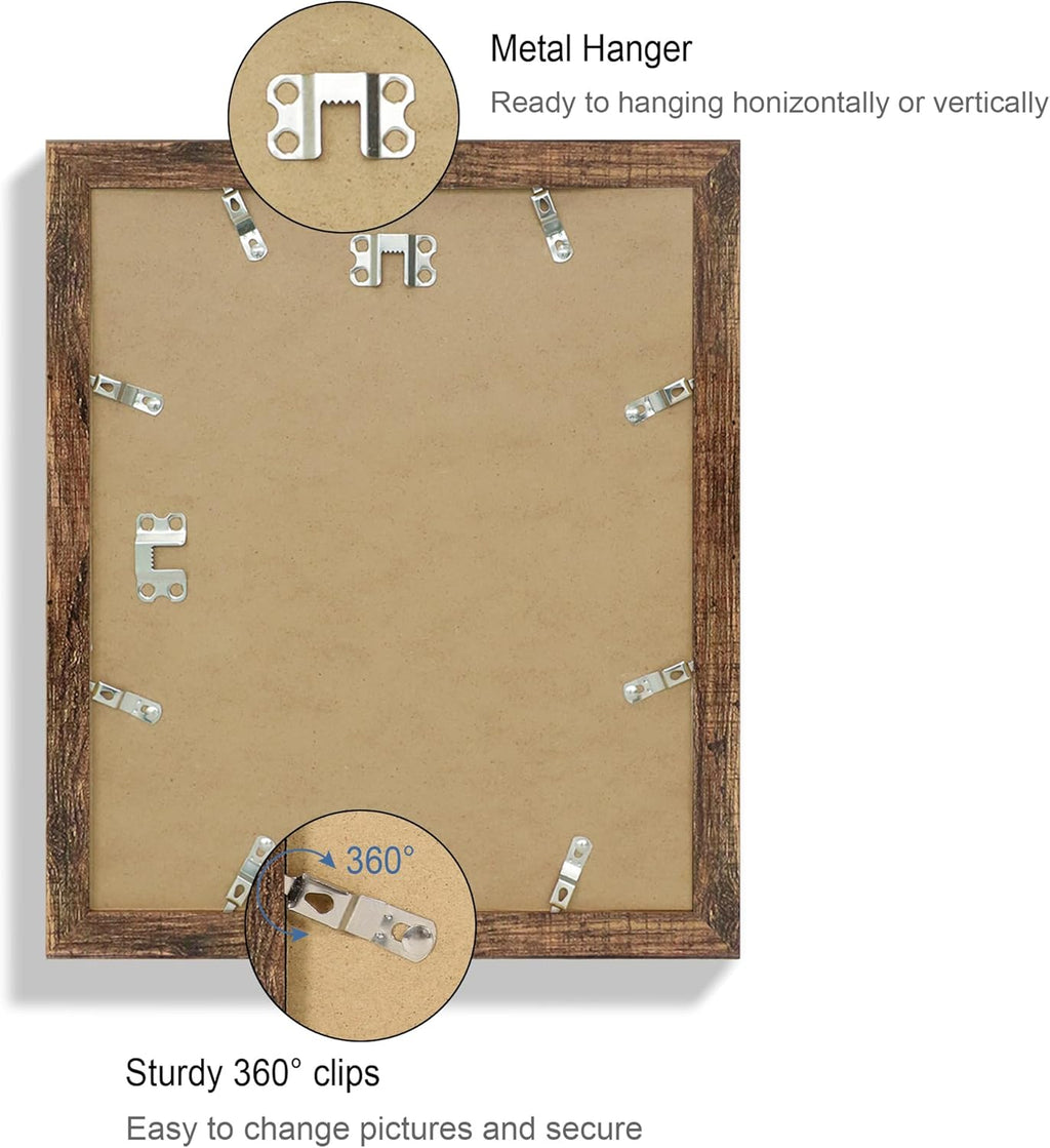 10x12 Picture Frame Set of 4, Made of Real Glass and Rustic Brown Frame - Display Picture 8x10 with Mat or 10x12 Without Mat, 10 by 12 Photo for Wall Mounting