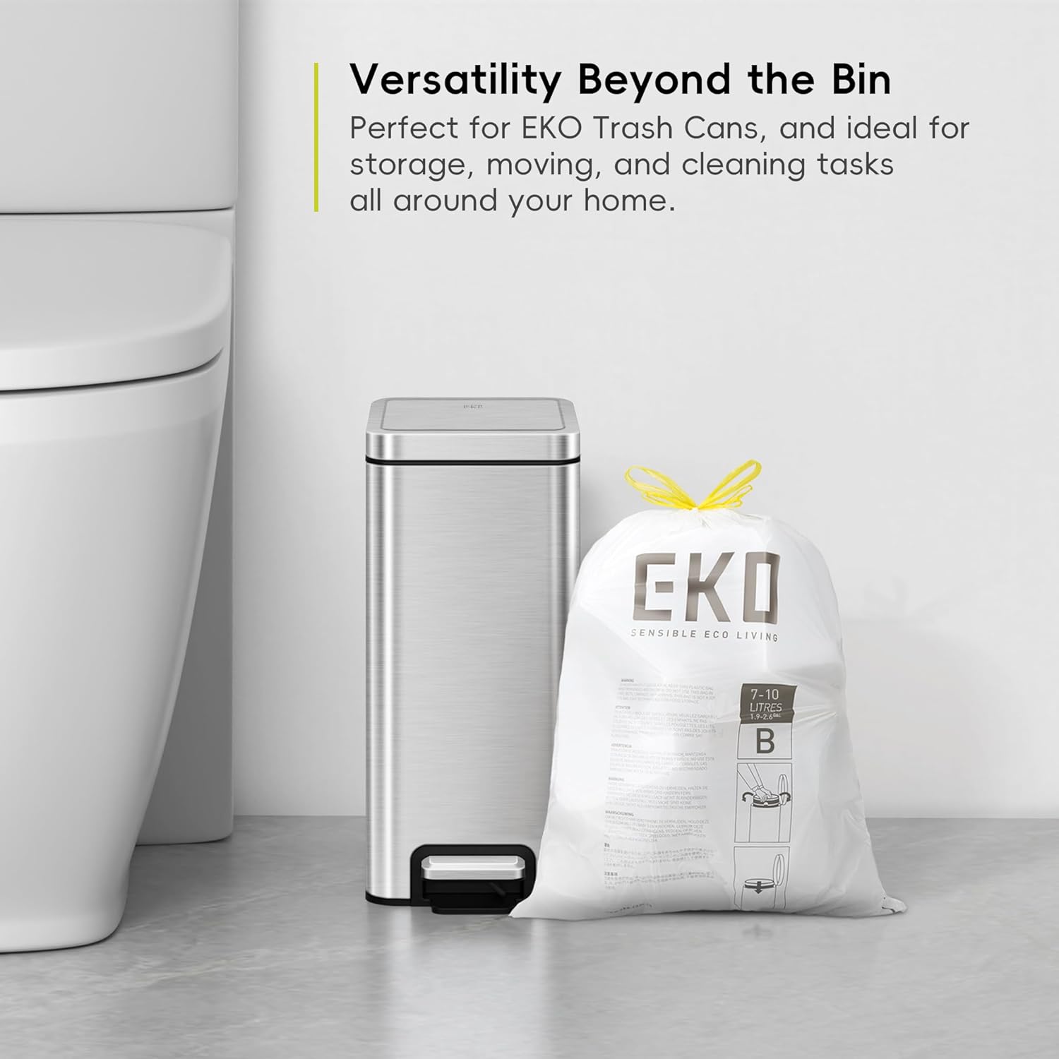 EKO 2.6 Gallon / 7-10 Liter, 80 Count Small Drawstring Trash Bags, Extra-Strong Unscented Garbage Bags, Easy-Dispense Roll for Kitchen & Household Use, Resists Tears, Leaks and Punctures, Code B White