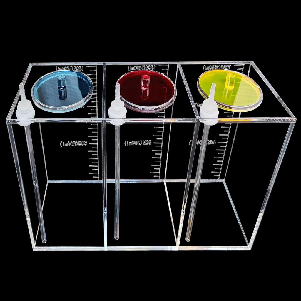 Liquid srorage Bucket Made of acryli,Reservoir dosing Container,Aquarium Air Pump Accessories,dosing Pump Liquid containers of Three-Grid(Total Capacity 4.5L/1.19gal Yellow red Blue lid)