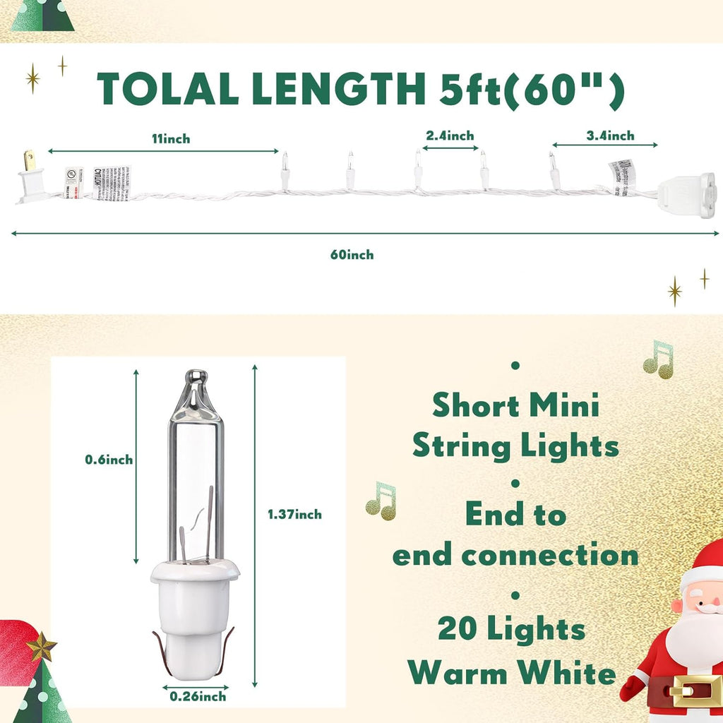 Mini Christmas Lights String Warm White Vintage Short Strand String Lights, Clear Bulbs Wire Fit Light up Christmas Decorations(20 Bulbs Connectable,5ft,White)