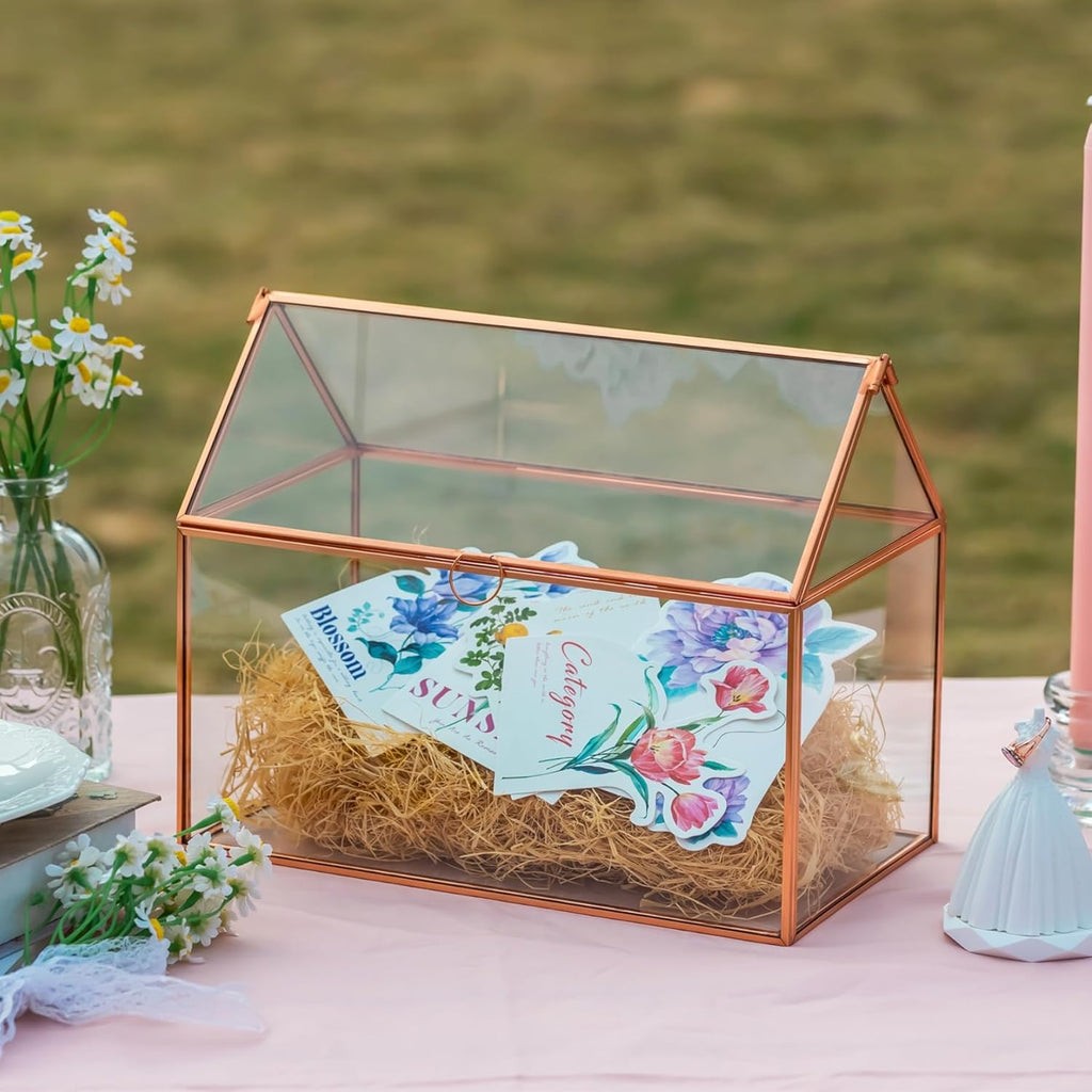 NCYP Small Wedding Glass Cards Box for Reception - 10.2x5.9x8.2 Inches House Shape Decorative Storage Box with Lid - Rose Gold Card Holde for party (Glass Box Only)