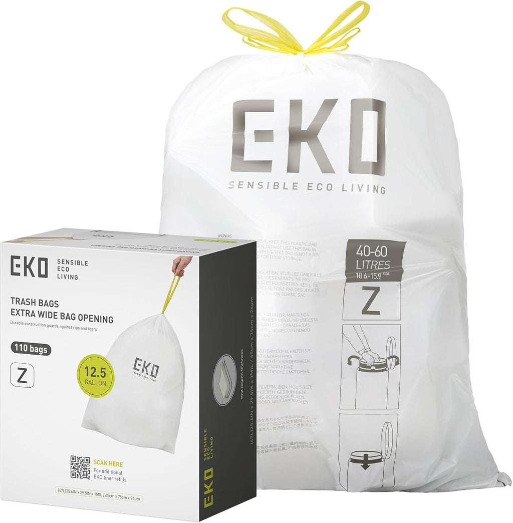 EKO 12.5 Gallon / 40-60 Liter, 110 Count Drawstring Trash Bags, Extra-Strong Garbage Bags, Unscented, Leak-Resistant, Easy-Dispense Roll for Kitchen & Household Use, Code Z, White