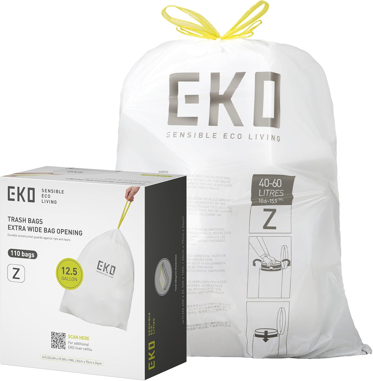 EKO 12.5 Gallon / 40-60 Liter, 110 Count Drawstring Trash Bags, Extra-Strong Garbage Bags, Unscented, Leak-Resistant, Easy-Dispense Roll for Kitchen & Household Use, Code Z, White