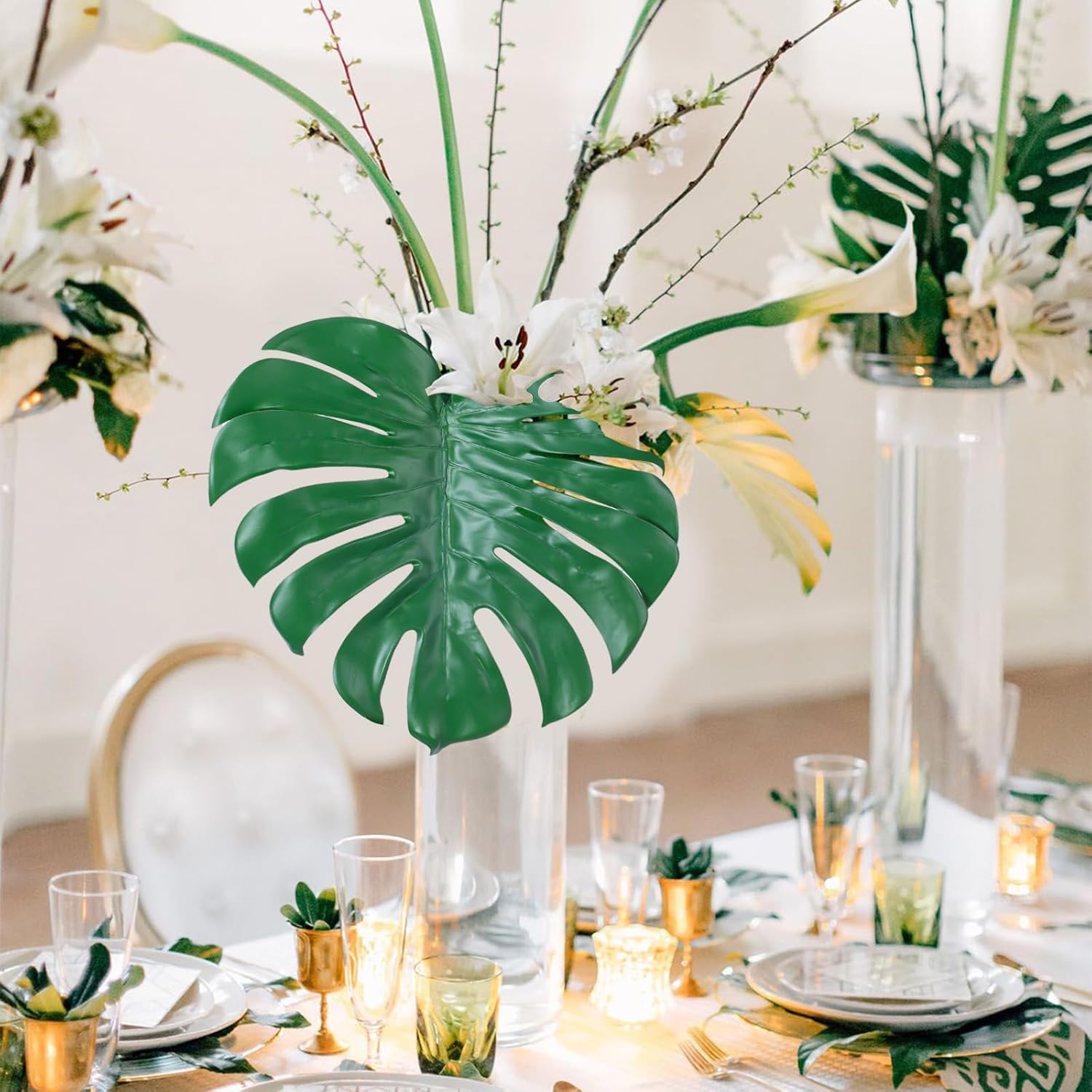 6pcs Artificial Monstera Leaves with Long Stem,Fake Tropical Palm Leaves for Hawaiian Luau Jungle Party Home Wedding Decor (Mix- S | M | L)