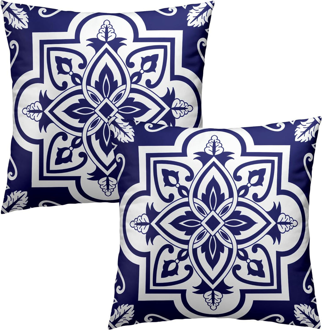 Navy White Geometric Floral Throw Pillowcases Set of 2 All-Season Soft Pillow Covers with Hidden Zipper,Durable for Sofa Bed Car Decor & Gift 18x18Inch